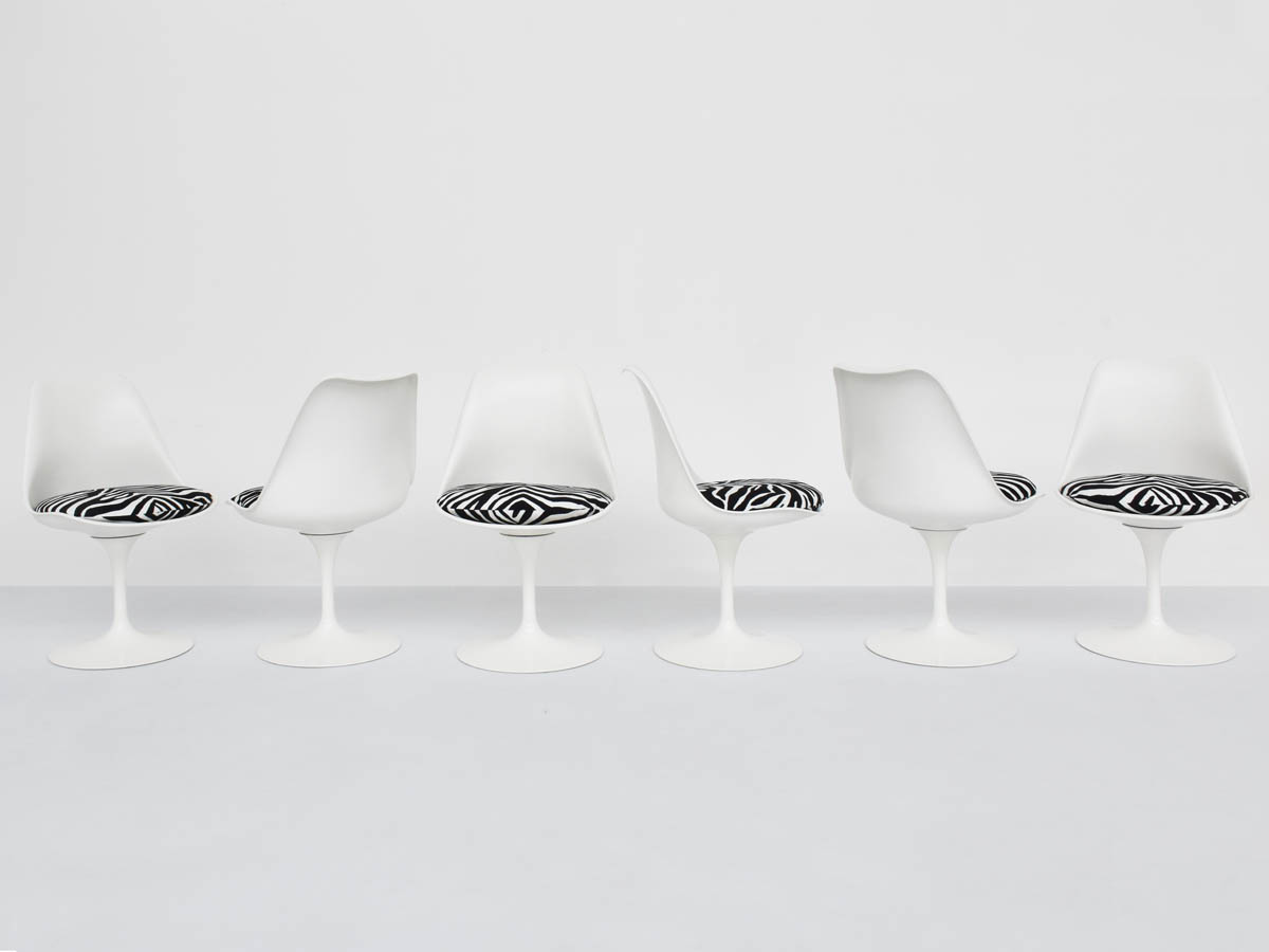6 Swivel Tulip Chairs with Bauhaus Zebra fabric by Otti Berger
