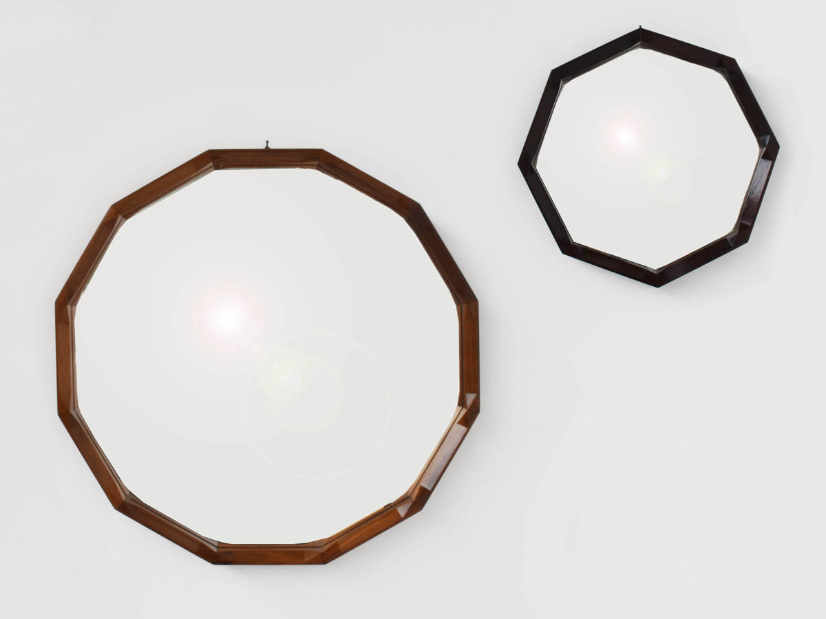 2 Mirrors with faceted octagonal wooden frame mod. Dodecaedro