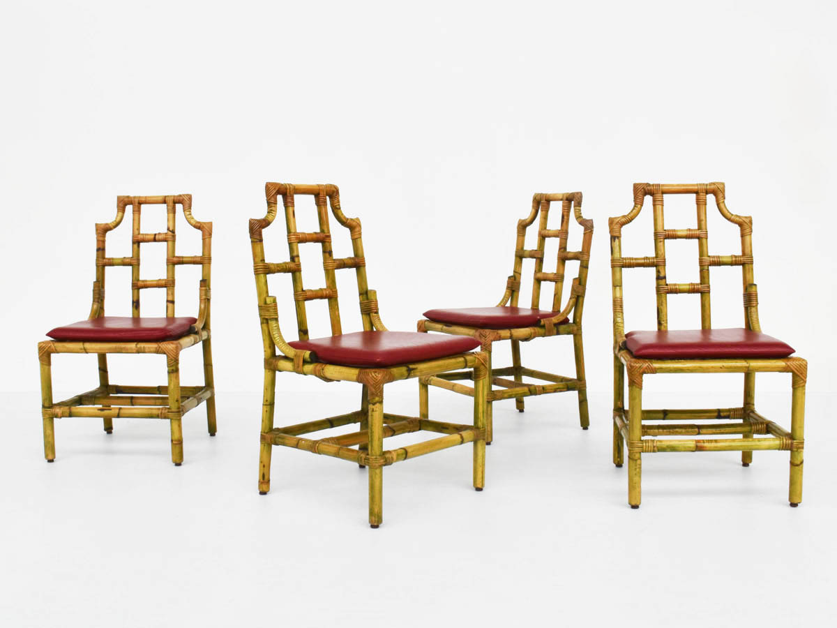 4 China Style Chairs in Rattan and Leather