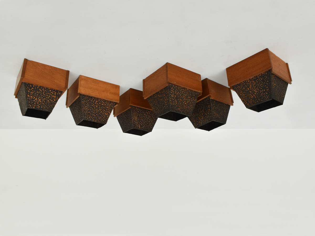 Copper and wood Flush Mount Lights or Sconces, 6 Available