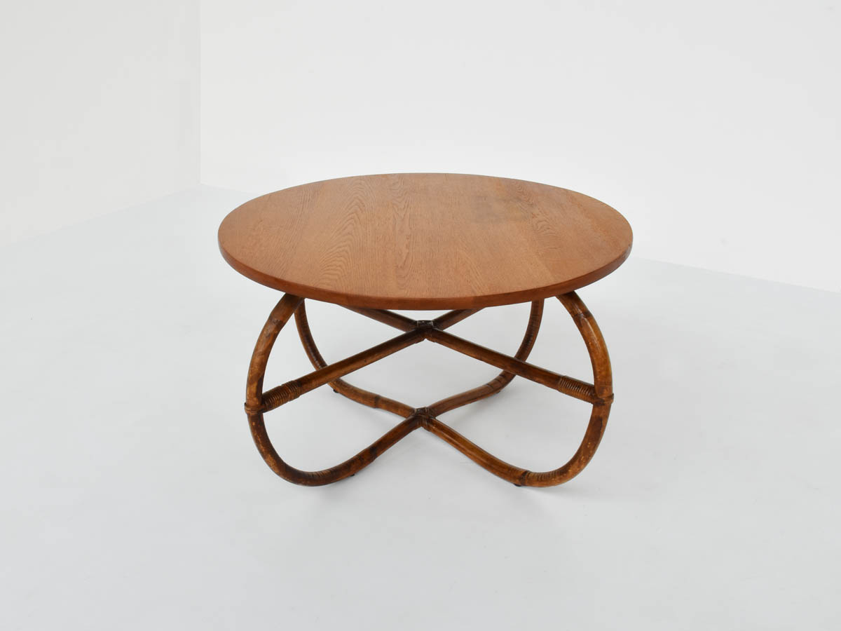 Round oak and rattan coffee table